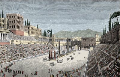 Circus Maximus - Det store cirkus eller cirkus Maxime, i Rom, med et vognløb - Farvegravering af Unknown artist