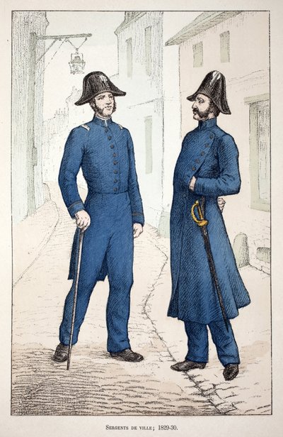 Bysergenter (1829-1830). Radering i farver, til illustration "" Histoire du corps des gardes de la paix""" bog udgivet i regi af Louis Lepine (1846-1933), præfekt for politiet på Seinen, af Alfred Rey (1864-?) og Louis Feron (1862-?) af Unknown artist