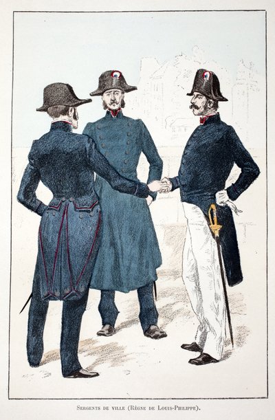 Bysergenter, regeringstid af Louis-Philippe I (Louis Philippe) af Orleans (1773-1850). Radering i farver, til illustration "" Historien om korpset af fredsbevarende styrker""" bog udgivet i regi af Louis Lepine (1846-1933), præfekt for politi i af Unknown artist