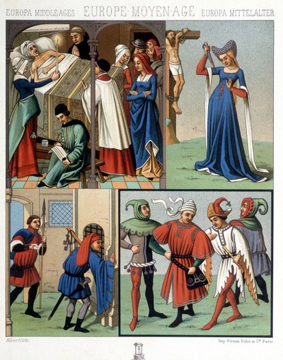Civile dragter i middelalderen fra det 14. til det 15. århundrede. I "Det historiske kostume" af A. Racquet af Unknown artist