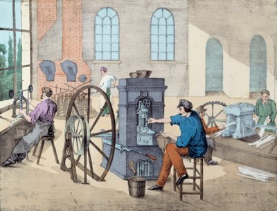 Møntfremstilling: arbejdere, der arbejder på en fabrik på forskellige stadier, støber og støber mønter. Gravering af det 19. århundredes Paris, dekorativ kunst af Unknown artist