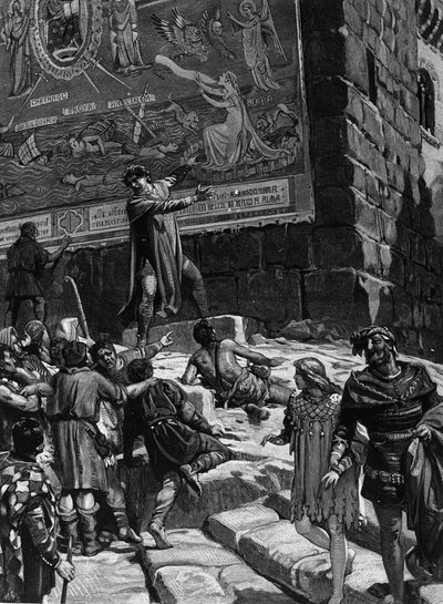 Cola di Rienzo (1314-1354), i kampagnen for at blive en tribune for det romerske folk, forklarer Roms befolkning de kalkmalerier, som han havde installeret i Capitol, der symboliserer Roms smerte i et dechainee-hav omgivet af Troja, Jerusalem, Carthage og  af Unknown artist