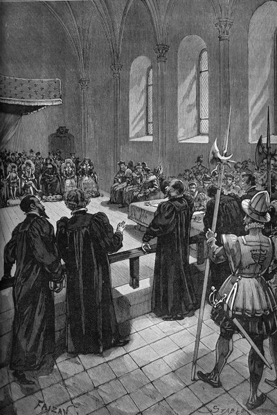 Colloquium of Poissy (1561). Tale af den schweiziske calvinist Theodore de Beze (1519-1605) (i midten, bagerst), leder af den protestantiske delegation. af Unknown artist