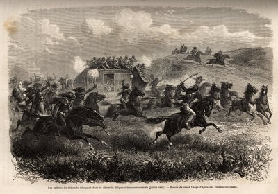 Colorado-indianere angreb transkontinental flid i ørkenen i juli 1867. Indgravering til illustration af turen til det fjerne vesten i USA, af M. L. Simonin, i 1867, udgivet i "Le tour du monde, nouveau journal des voyages"", redigeret af Edouard Chart af Unknown artist