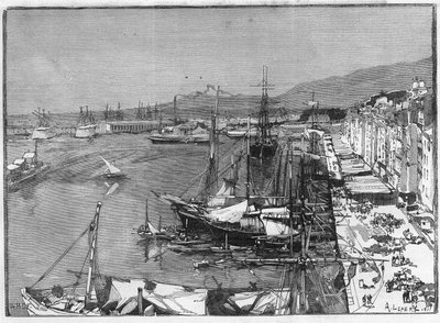 Kommercielt skib og arsenal i havnen i Toulon (Var), Frankrig. Gravering i "" Le Monde Illustré"" af Unknown artist