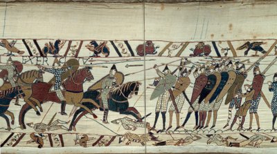 Erobre England af Vilhelm Erobreren (1027-1087) i 1066, kampscene mellem det normanniske kavaleri, der laster det saksiske infanteri af kong Harold II af England Detalje af Bayeux-tapet eller broderi af dronning Mathilde af Unknown artist