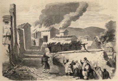 Erobring af Algeriet: ekspedition til Great Kabylien i 1857. Indsendelse af Beni-Yenni (Beni Yenni) baseret på en tegning af Mr. Ameller, bataljonsleder ved 1. Zouave. Stik i “Le Monde illustrious”” fra 1857. Privat samling. af Unknown artist