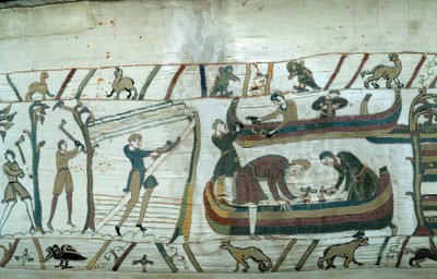 Englands erobring af hertugen af Normandiet Vilhelm Erobreren (1027-1087): konstruktion af den normanniske flåde Detalje af Bayeux-tapetet eller Broderi af Dronning Mathilde af Unknown artist