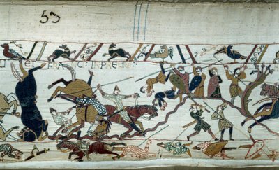Erobring af England af hertugen af Normandiet Vilhelm Erobreren (1027-1087) i 1066: Slaget ved Hastings Detalje af Bayeux-tapet eller broderi af dronning Mathilde af Unknown artist