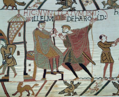 Erobring af England af hertugen af Normandiet Vilhelm Erobreren (1027-1087) i 1066: en udkigspost rapporterer fakta om Harold II til Vilhelm i slaget ved Hastings. Detalje af Bayeux-tapet eller broderi af dronning Mathilde af Unknown artist