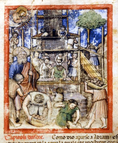 Opførelse af Babelstårnet. Miniaturer fra codex 212 (eller Padovano Codice eller Bible of Padua) 1390-1400 Rovigo, Accademia dei Concordi af Unknown artist