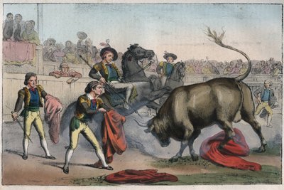 Corrida i Spanien: le picador - Tyr, der lader en Picador - indgravering fra "" Skikke og traditioner for alle folkeslag i universet. Det er historien om regeringen, lovene, militsen, om alle nationers religion fra de fjerneste tider op til vore dage. af Unknown artist