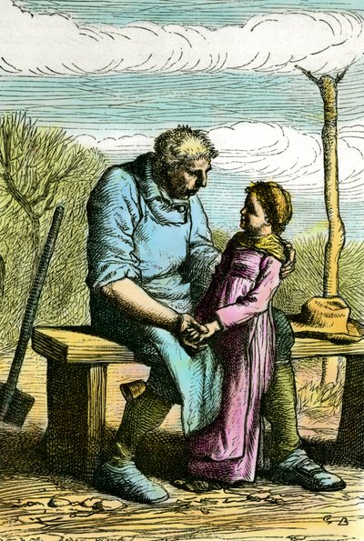 Cosette og Jean Valjean. Illustration til romanen "Les miserables" af Victor Hugo (1802-1885) Stik fra 1865 Privat samling af Unknown artist