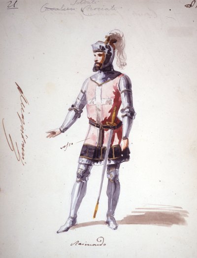 Kostume til operaen "" I Lombardi"" eller "" Les Lombards à la première Crusade"" komponeret af Giuseppe Verdi (1813 - 1901) i 1843. Anonym akvareltegning. Karakter af Raimondo for forestillingen på Scala i Milano. af Unknown artist