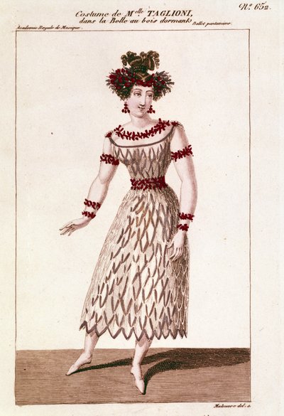 Kostume af danserinde Maria Taglioni (1804-1884) i balletten "Sleeping Beauty"" af Piotr eller Petr Ilyich Tchaikovsky (eller Tchaikovsky eller Ciajkovskij eller Tchaikowsky) af Unknown artist