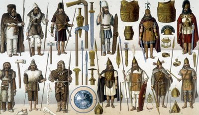 Kostumer, rustninger og våben fra barbariske krigere af Unknown artist