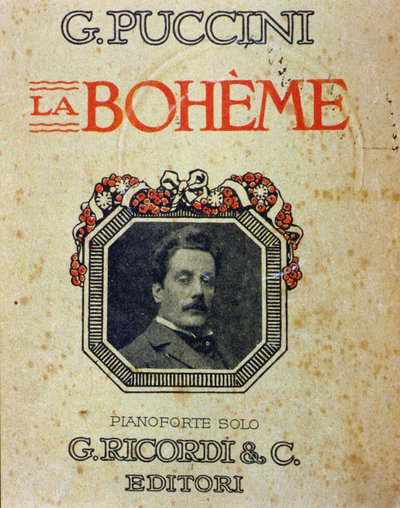 Omslag til partituret "" La Bohème"" af Puccini (1858-1924) med hans portræt. af Unknown artist
