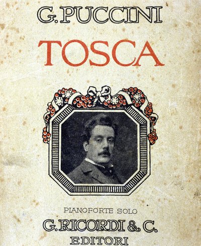 Omslag til partituret "Tosca"" af Giacomo Puccini (1858-1924) med hans portræt. af Unknown artist