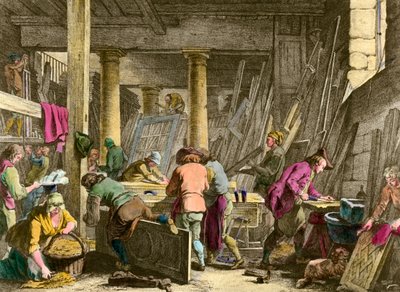 Håndværk: "" Værksted for Sieur Jadot-snedkeren"" Arbejdere på arbejde i det 18. århundrede. Indgravering af det 19. århundrede. Privat samling af Unknown artist