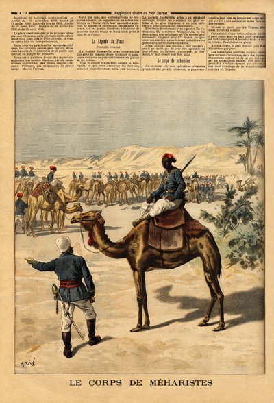 Oprettelse af et særligt korps af meharister til den franske erobring af Sudan for at kæmpe mod tuaregerne. Meharis, kan blive en uge uden at spise, gå på trav med en galopperende hests hastighed, kan rejse mere end 100 kilometer om dagen, og de er af Unknown artist