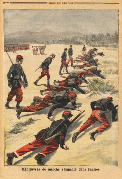 Krybende gåmanøvrer i hæren, eksperimenter med nye tamponarmbånd, som beskytter håndfladen. Indgravering i "" Le petit journal"" 16/08/1896. Selvas samling. af Unknown artist
