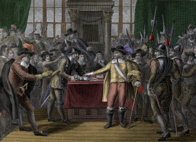 Cromwell opløser det lange parlament - The Rump Parliament - Oliver Cromwell (1599-1658) opløser det britiske parlament af Unknown artist