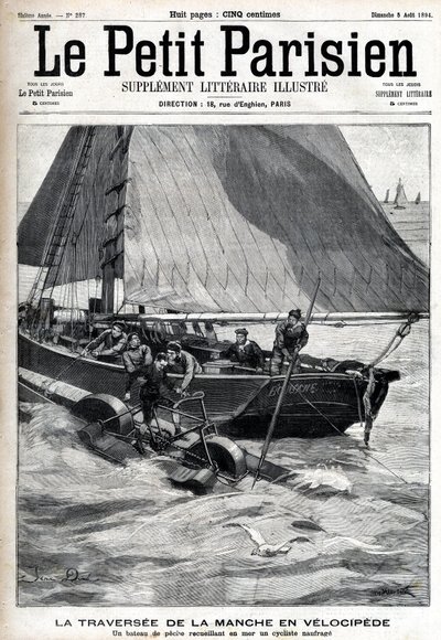 Krydser ærmet i velociped: en fiskerbåd samler Georges Pinkert til søs, som havde satset på at krydse ærmet med vandvelocipeden, han havde opfundet. Gravering i "" Le Parisien"" af Unknown artist