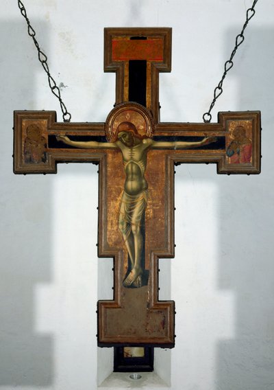 Korsfæstelse Anonymt træmaleri på bagsiden af et kors. Varazze fra det 15. århundrede, Cappella del Castello Invrea Italien af Unknown artist