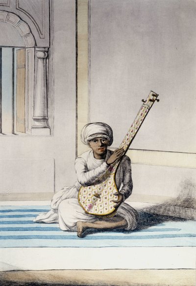 Kultur, civilisation og det indiske samfund: Musiker, der spiller Thambourah (Tamboura), Indiens traditionelle instrument. Stik 1808. af Unknown artist