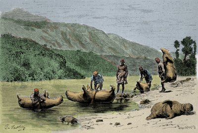 Skikke og transportmetoder: skind af oppustede dyr, der bruges til at krydse floder. Indgravering af det 19. århundrede af Unknown artist