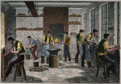 Bestikværksted i Frankrig i 1800-tallet. Indgravering fra 1885 i "" Les arts et metiers illustres"" af Adolphe BITARD. af Unknown artist