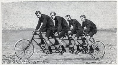 Cyklist på en cykel kaldet "quadruplette gladiator". Indgravering i ""La Nature"" af Unknown artist