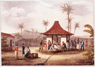 Dagligliv i Kap Verde (Kap Verde) Beboere i en landsby krydser ved springvandet. Litografi af det 19. århundrede. Lissabons historiske arkiv for Outremer af Unknown artist