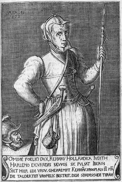 Dame Kenau Simonsdochter Hasselaer (1526-1588), heltinden fra Haarlem (Holland) under kampen mod spanierne i 1572. Indgravering af det 17. århundrede i lighed med Judith af Holoferne. af Unknown artist