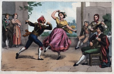 Bolero-dans og dragter i Granada - Bolero-dans og dragter i Granada - indgravering fra "" Anvendelser og dragter for alle mennesker i universet. Det er historien om regeringen, lovene, militsen, om religionen for alle nationer fra de fjerneste af Unknown artist