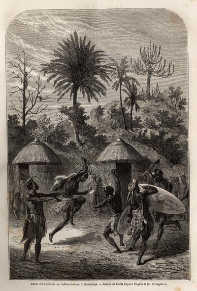 Dance of the Landines eller Zulu caffres i Shoupanga (højre bred af Zambeze-floden). Indgravering til illustration af Dr. Livingstones første rejser til det sydlige Afrika fra 1840 til 1856 i "Le tour du monde, nouveau journal des voyages"" udgivet under d af Unknown artist