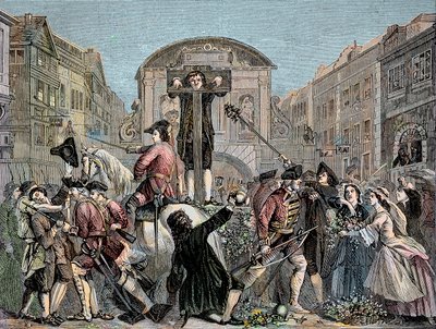Daniel Defoe (De Foe) (1659-1731) søgte i London i 1703 for at have udgivet sin ironiske traktat "" The Shortest Way With the Dissenters""" - Forfatteren og eventyreren Daniel Defoe (1659-1731) dømte i 1703 til pillen. for hans manuskripter mod int af Unknown artist