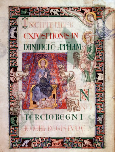 Daniel i løvegraven reddet af profeten Habacuc (Habaquq, Habakuk, Habakkuk, Abakouk, Havakuk) Miniature taget fra manuskriptet "Ancient History to Cesar" af Saint John of Acre af Unknown artist