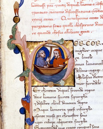 Dante Alighieri: Guddommelig komedie (guddommelig komedie) begyndelse af skærsilden. Dante og Virgil. manuskript fra det 14. århundrede. Milano bibl. Trivulziana af Unknown artist