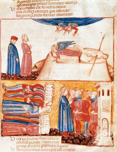 Dante og Virgil møder sjæle fra voldeligt døde mennesker. Oplyst side, der illustrerer en sang fra Skærsildsilden fra "Divina Commedia"" af Dante Alighieri (1265-1321). 14. århundrede, Venedig, Biblioteca Marciana af Unknown artist