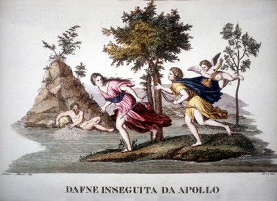 Daphne forfulgt af Apollon - i Mythological Dictionary af Unknown artist