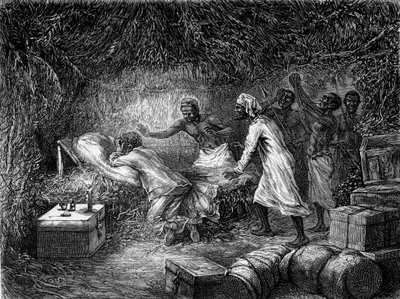 David Livingstone døde af dysenteri i landsbyen Tchitammbo i 1873 - "" Livingstones sidste rejse 1866-1873"" i "" Tour du Monde"", 2. sem. 1875 af Unknown artist