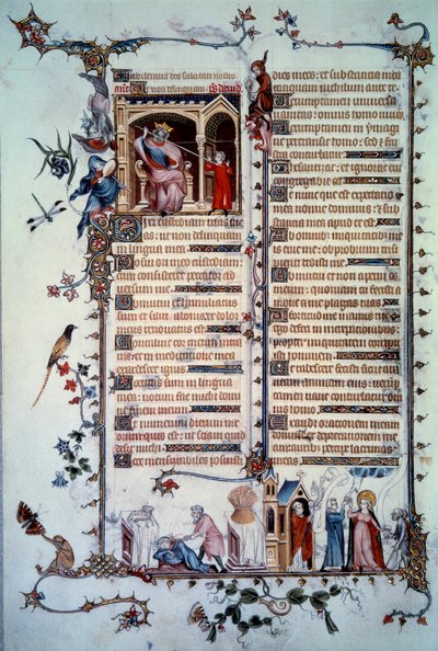 David truer med Saul. Allegori om grådighed. Nadverens sakramente. Allegori om velgørenhed. Miniature taget fra salmen "Breviaire de Belleville"" af Unknown artist