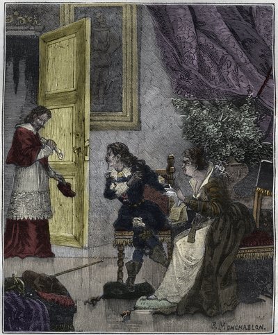 Dupes dag - Journee des Dupes 1630- På det tidspunkt, hvor Marie de Medicis forsvarede sin sag, trådte kardinal Richelieu ind - illustration i "Paris gennem århundredet" af Knee-Lac af Unknown artist