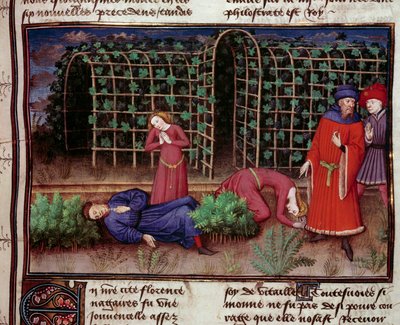 Død To mennesker dræbt af døden. Miniature fra "" Le Decameron"" af Jean Boccace (Giovanni Boccaccio) (1313-1375) 1450 Paris, Arsenals bibliotek af Unknown artist