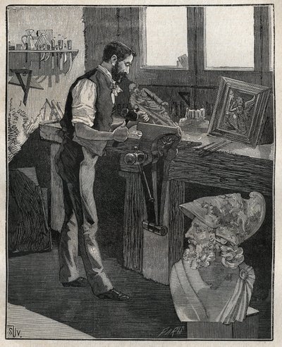 Dekoration af sølvtøj: bronzemejsel. Indgravering fra 1885 i "" Les arts et metiers illustres"" af Adolphe BITARD. af Unknown artist