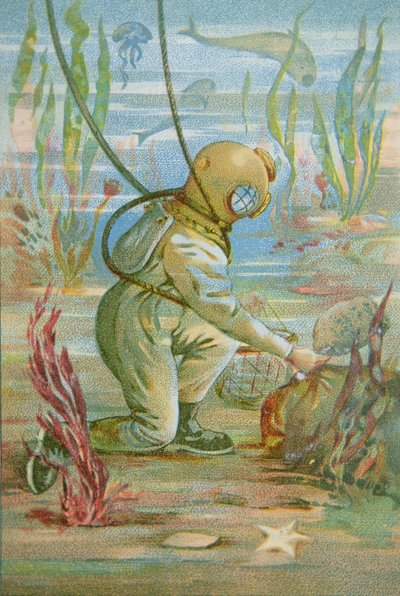Deep Sea Diver, ca. 1890 (farve litho) af Unknown artist