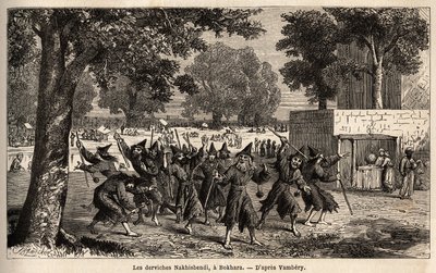 Dervisher Nakhisbendi, en persisk Bokhara, Iran). Tegning af Emile Bayard (1837-1891), for at illustrere rejsen til Centralasien, i 1863, af Arminius Vambery (ungarsk videnskabsmand forklædt i dervish). Indgravering i "" Le tour du monde"", redigeret af Ed af Unknown artist