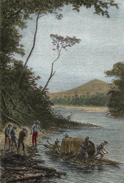 Amazonas nedstigning (1743-1744) - Begyndelsen af flåden af Charles Marie de La Condamine (1701-1774) gravering - af Unknown artist