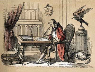 Beskrivelse af forskellige produkter og anvendelser af papir: portræt af Georges Louis Leclerc, greve af Buffon, naturforsker og forfatter (1707-1788), der skriver sin naturhistorie. Plade "" Le papier et ses produits"" i "" les Recreations instructives""  af Unknown artist